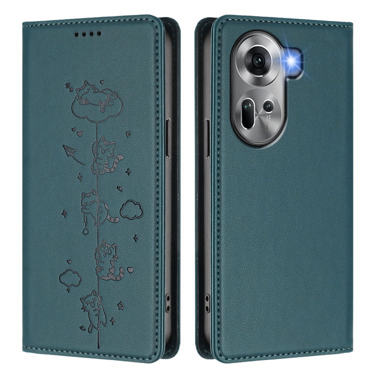 For OPPO Reno11 5G Global Cute Cats Embossed Magnetic RFID Vegan Leather Phone Case
