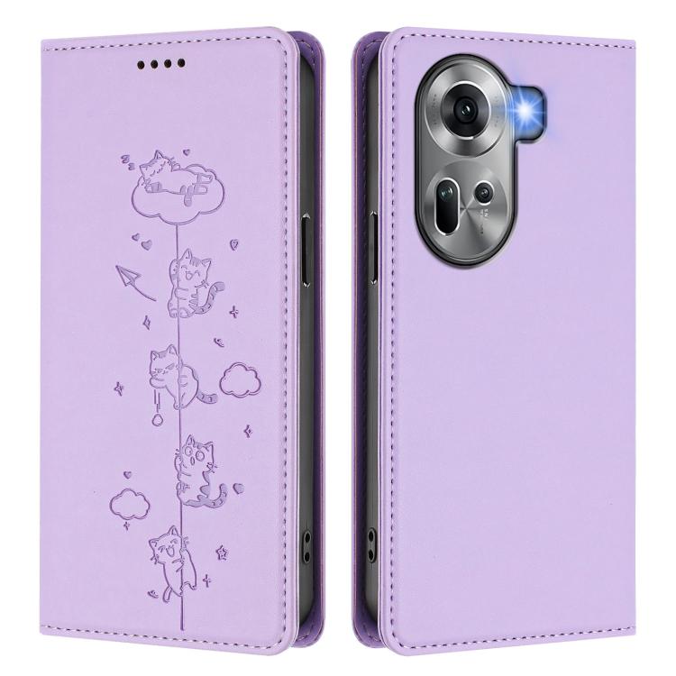For OPPO Reno11 5G Global Cute Cats Embossed Magnetic RFID Vegan Leather Phone Case