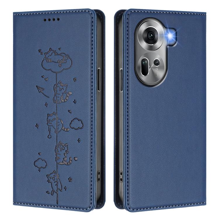 For OPPO Reno11 5G Global Cute Cats Embossed Magnetic RFID Vegan Leather Phone Case