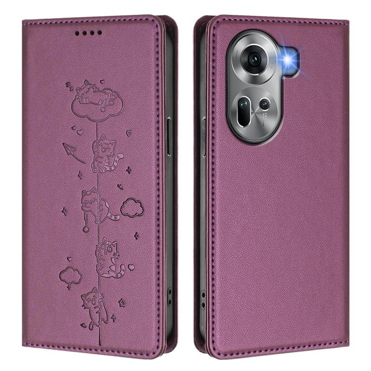 For OPPO Reno11 5G Global Cute Cats Embossed Magnetic RFID Vegan Leather Phone Case