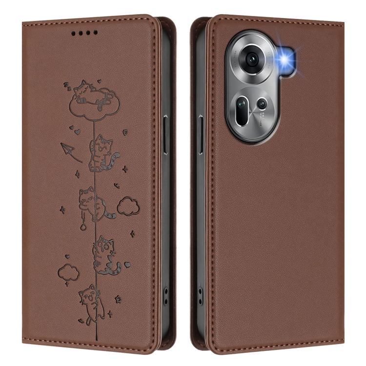 For OPPO Reno11 5G Global Cute Cats Embossed Magnetic RFID Vegan Leather Phone Case