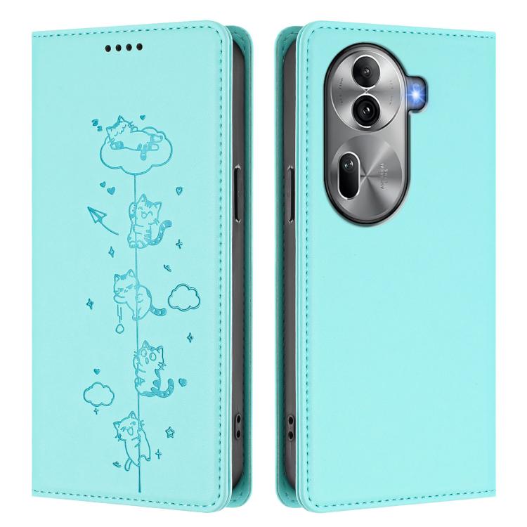 For OPPO Reno11 Pro 5G Global Cute Cats Embossed Magnetic RFID Vegan Leather Phone Case
