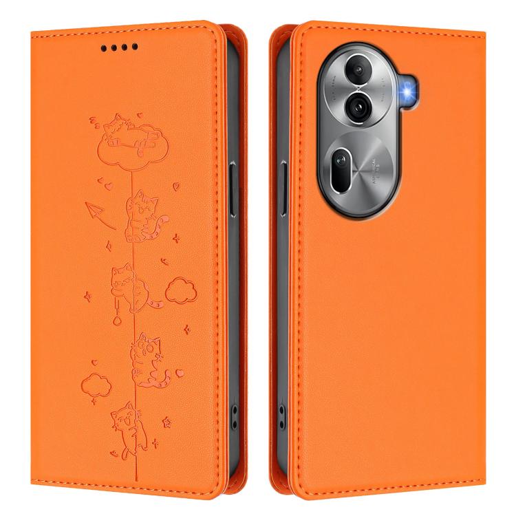 For OPPO Reno11 Pro 5G Global Cute Cats Embossed Magnetic RFID Vegan Leather Phone Case