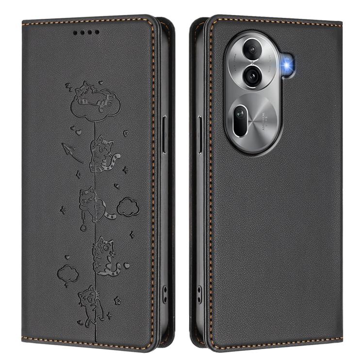 For OPPO Reno11 Pro 5G Global Cute Cats Embossed Magnetic RFID Vegan Leather Phone Case
