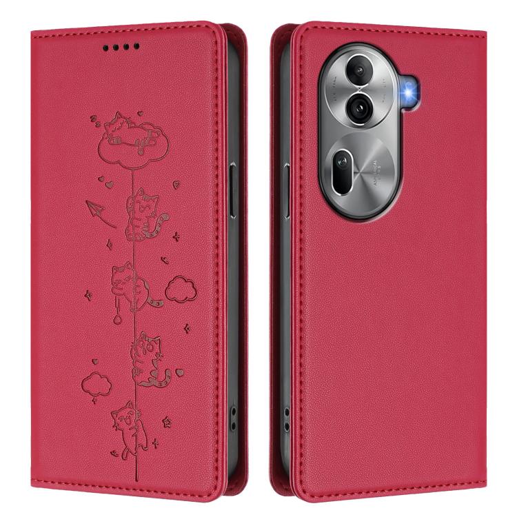 For OPPO Reno11 Pro 5G Global Cute Cats Embossed Magnetic RFID Vegan Leather Phone Case
