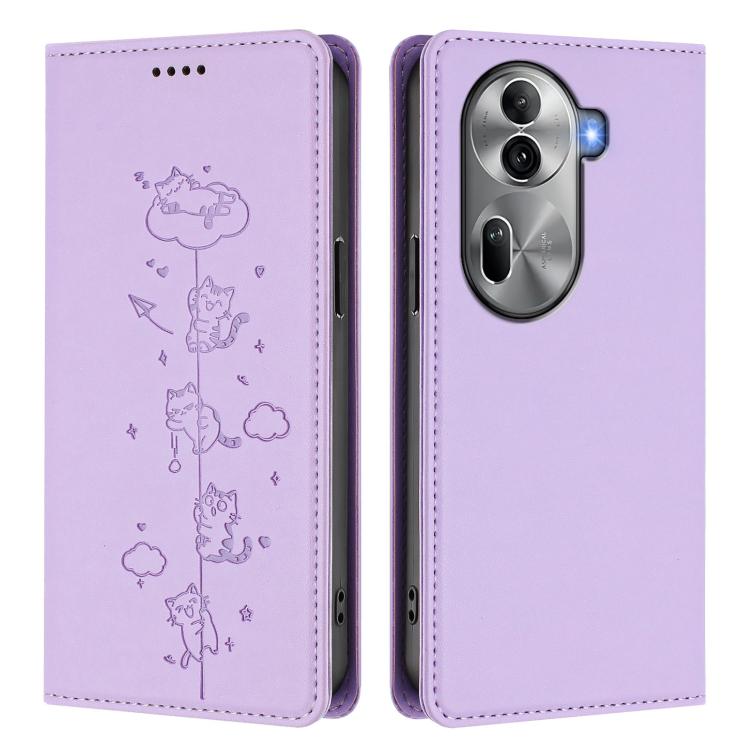 For OPPO Reno11 Pro 5G Global Cute Cats Embossed Magnetic RFID Vegan Leather Phone Case