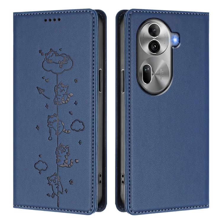 For OPPO Reno11 Pro 5G Global Cute Cats Embossed Magnetic RFID Vegan Leather Phone Case