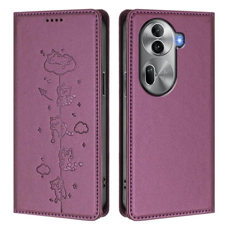 For OPPO Reno11 Pro 5G Global Cute Cats Embossed Magnetic RFID Vegan Leather Phone Case