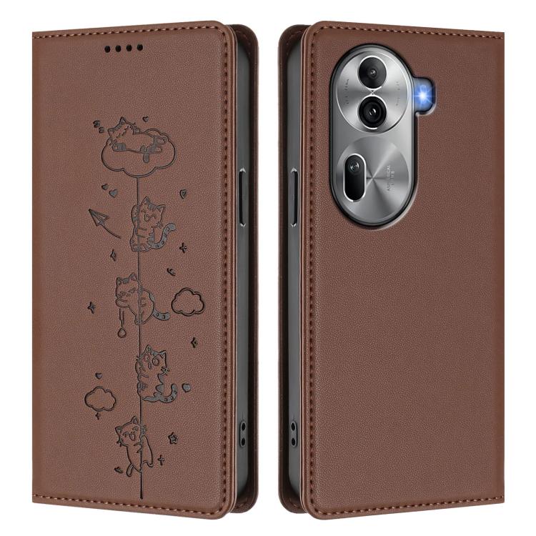 For OPPO Reno11 Pro 5G Global Cute Cats Embossed Magnetic RFID Vegan Leather Phone Case