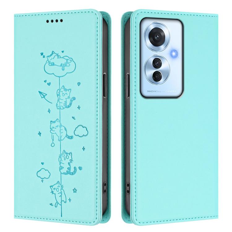 For OPPO Reno11 F / F25 Pro India Cute Cats Embossed Magnetic RFID Vegan Leather Phone Case