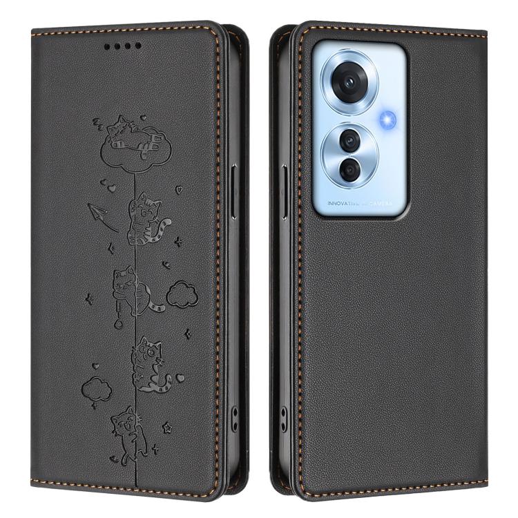 For OPPO Reno11 F / F25 Pro India Cute Cats Embossed Magnetic RFID Vegan Leather Phone Case