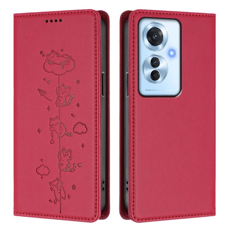 For OPPO Reno11 F / F25 Pro India Cute Cats Embossed Magnetic RFID Vegan Leather Phone Case