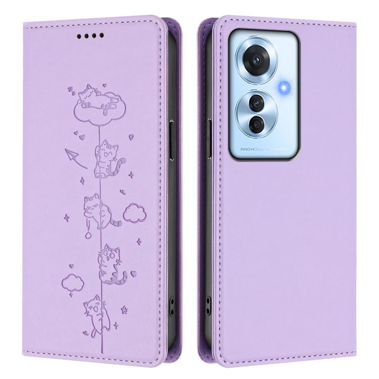 For OPPO Reno11 F / F25 Pro India Cute Cats Embossed Magnetic RFID Vegan Leather Phone Case