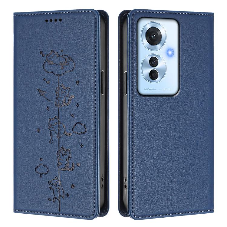 For OPPO Reno11 F / F25 Pro India Cute Cats Embossed Magnetic RFID Vegan Leather Phone Case