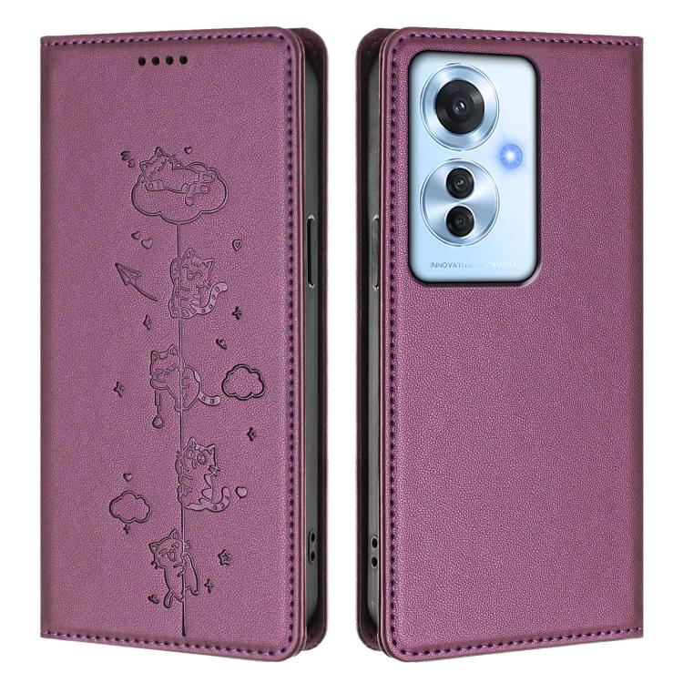For OPPO Reno11 F / F25 Pro India Cute Cats Embossed Magnetic RFID Vegan Leather Phone Case