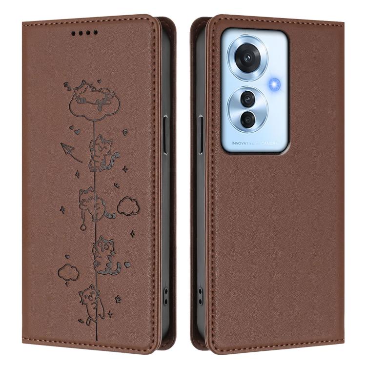 For OPPO Reno11 F / F25 Pro India Cute Cats Embossed Magnetic RFID Vegan Leather Phone Case