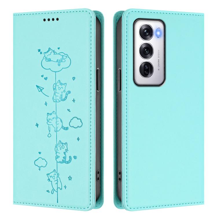 For OPPO Reno12 5G Global Cute Cats Embossed Magnetic RFID Vegan Leather Phone Case