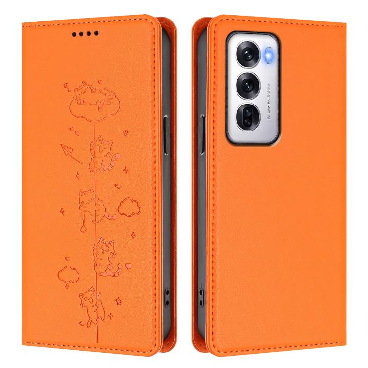 For OPPO Reno12 5G Global Cute Cats Embossed Magnetic RFID Vegan Leather Phone Case