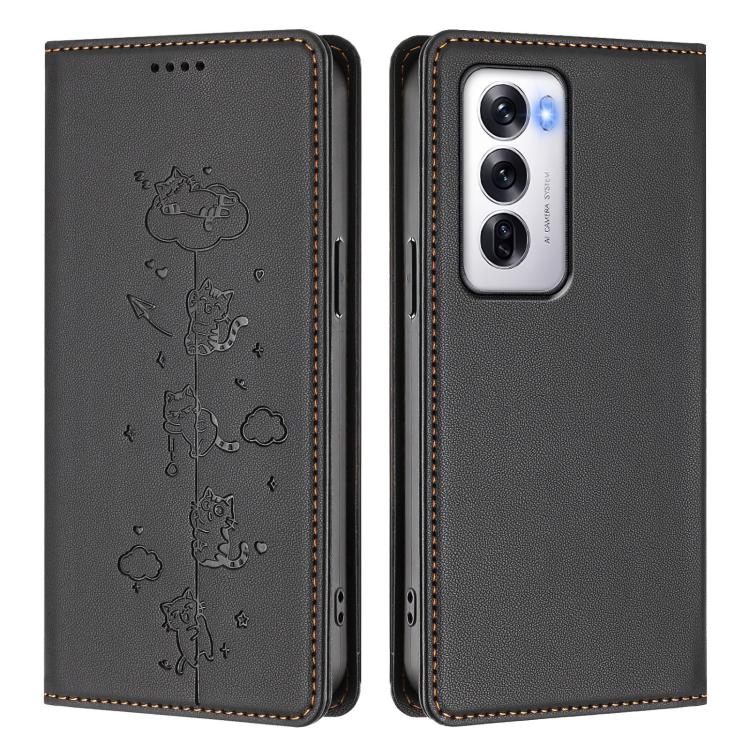 For OPPO Reno12 5G Global Cute Cats Embossed Magnetic RFID Vegan Leather Phone Case