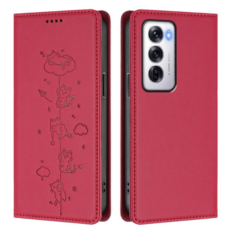For OPPO Reno12 5G Global Cute Cats Embossed Magnetic RFID Vegan Leather Phone Case