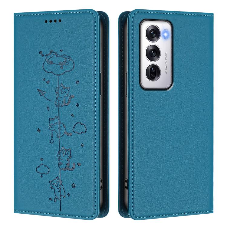 For OPPO Reno12 5G Global Cute Cats Embossed Magnetic RFID Vegan Leather Phone Case