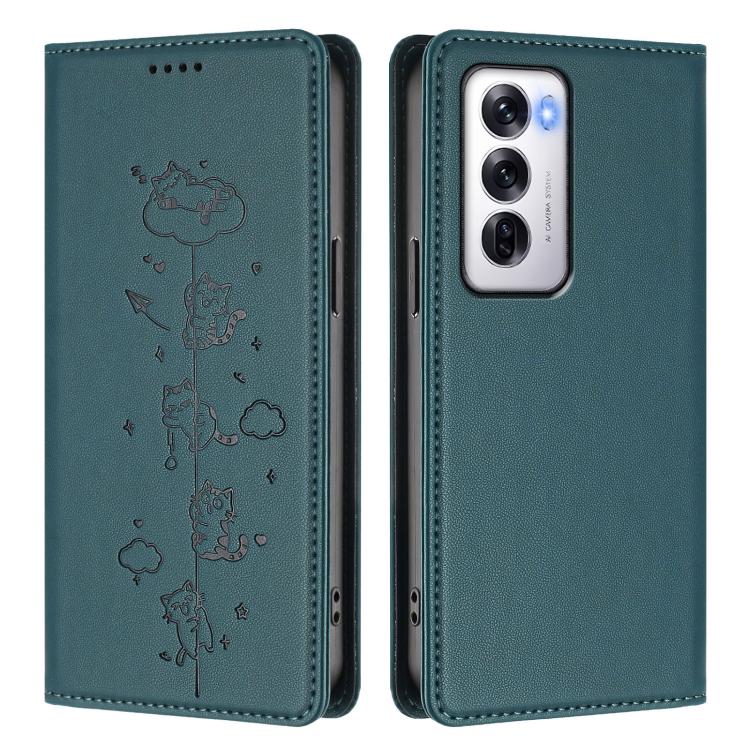 For OPPO Reno12 5G Global Cute Cats Embossed Magnetic RFID Vegan Leather Phone Case