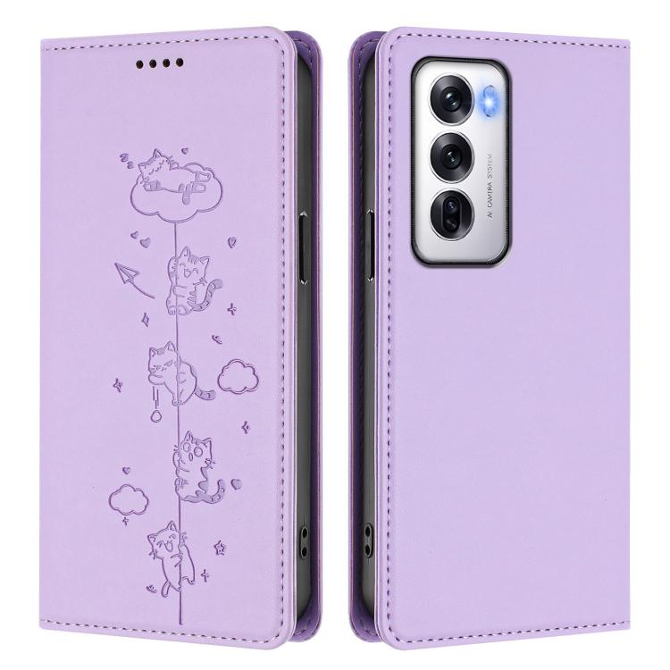 For OPPO Reno12 5G Global Cute Cats Embossed Magnetic RFID Vegan Leather Phone Case