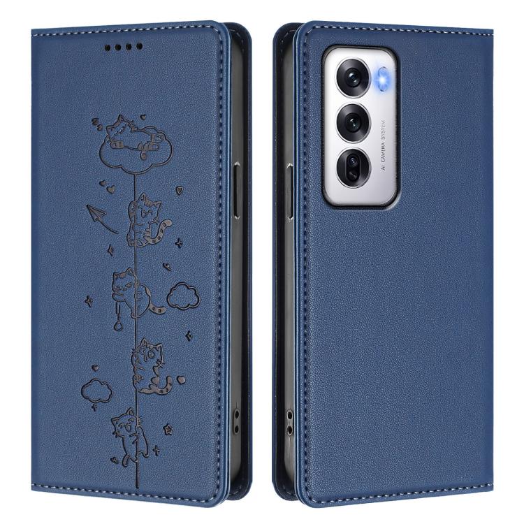 For OPPO Reno12 5G Global Cute Cats Embossed Magnetic RFID Vegan Leather Phone Case