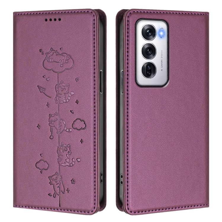 For OPPO Reno12 5G Global Cute Cats Embossed Magnetic RFID Vegan Leather Phone Case