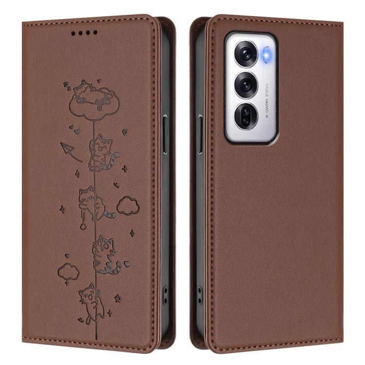 For OPPO Reno12 5G Global Cute Cats Embossed Magnetic RFID Vegan Leather Phone Case