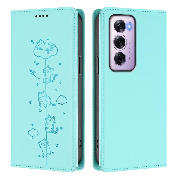 For OPPO Reno12 Pro 5G Global Cute Cats Embossed Magnetic RFID Vegan Leather Phone Case