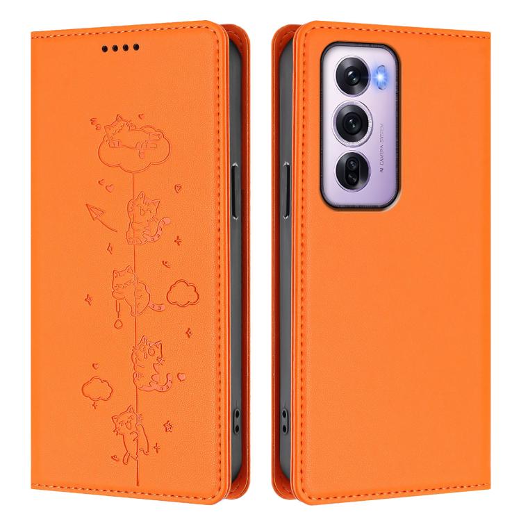 For OPPO Reno12 Pro 5G Global Cute Cats Embossed Magnetic RFID Vegan Leather Phone Case