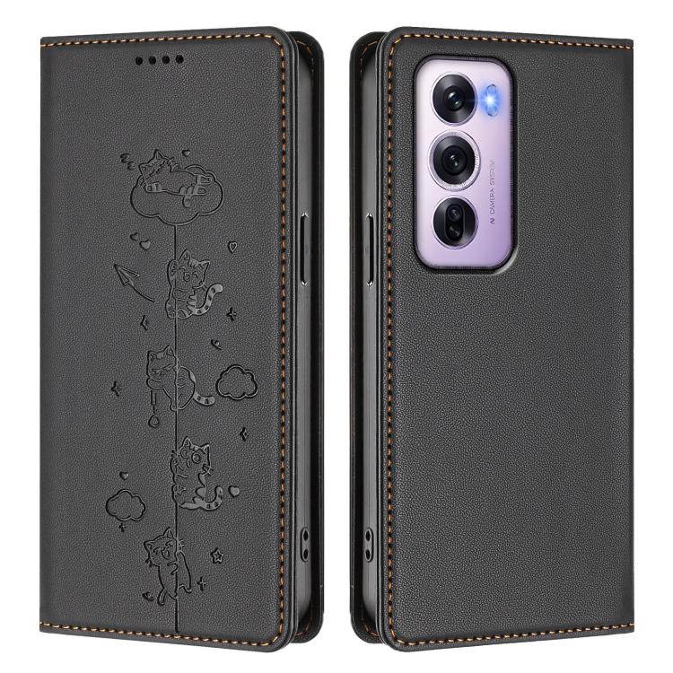For OPPO Reno12 Pro 5G Global Cute Cats Embossed Magnetic RFID Vegan Leather Phone Case