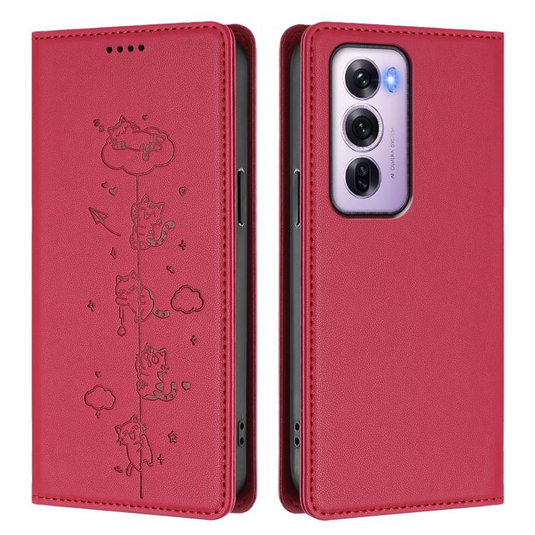 For OPPO Reno12 Pro 5G Global Cute Cats Embossed Magnetic RFID Vegan Leather Phone Case