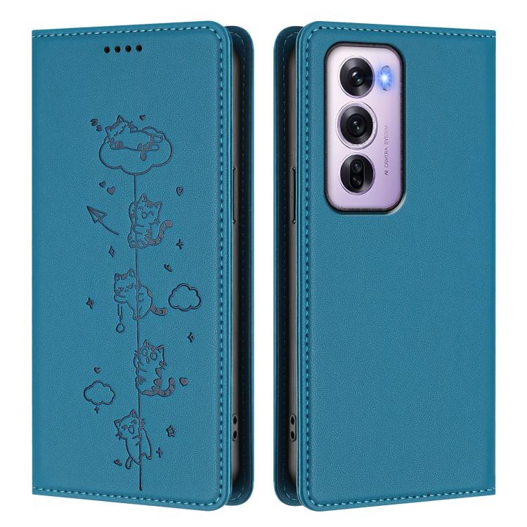 For OPPO Reno12 Pro 5G Global Cute Cats Embossed Magnetic RFID Vegan Leather Phone Case