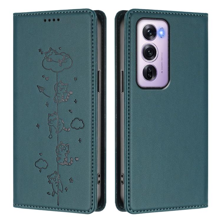 For OPPO Reno12 Pro 5G Global Cute Cats Embossed Magnetic RFID Vegan Leather Phone Case
