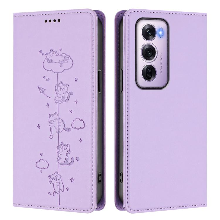 For OPPO Reno12 Pro 5G Global Cute Cats Embossed Magnetic RFID Vegan Leather Phone Case