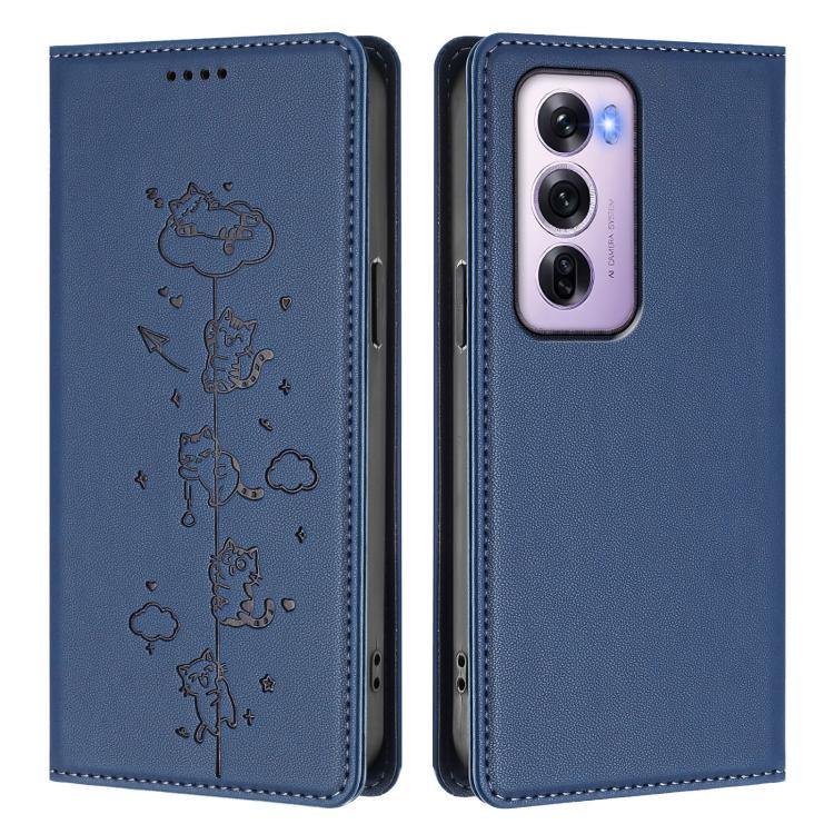 For OPPO Reno12 Pro 5G Global Cute Cats Embossed Magnetic RFID Vegan Leather Phone Case