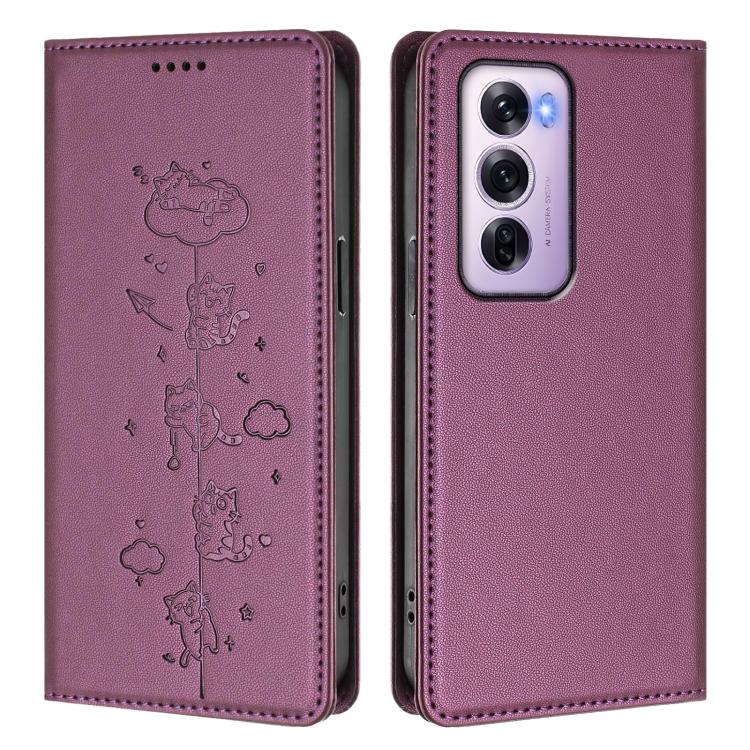For OPPO Reno12 Pro 5G Global Cute Cats Embossed Magnetic RFID Vegan Leather Phone Case
