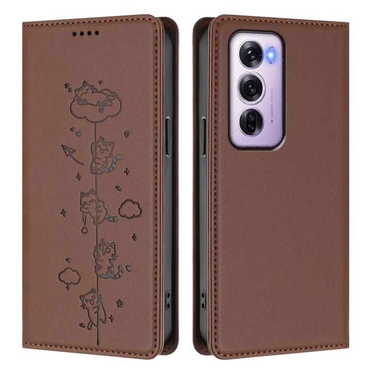 For OPPO Reno12 Pro 5G Global Cute Cats Embossed Magnetic RFID Vegan Leather Phone Case