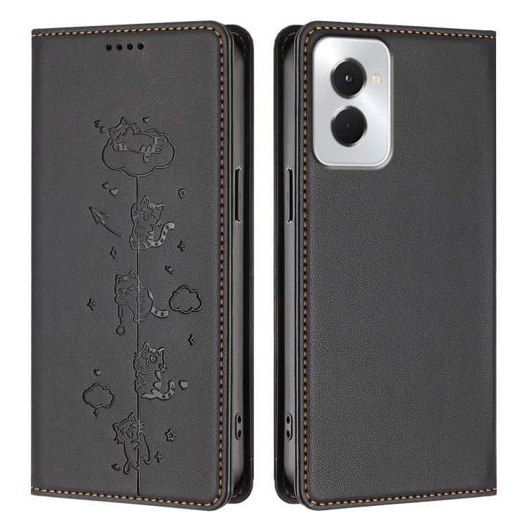 For OPPO Reno12 F 5G / 4G Cute Cats Embossed Magnetic RFID Vegan Leather Phone Case
