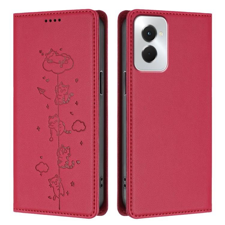 For OPPO Reno12 F 5G / 4G Cute Cats Embossed Magnetic RFID Vegan Leather Phone Case