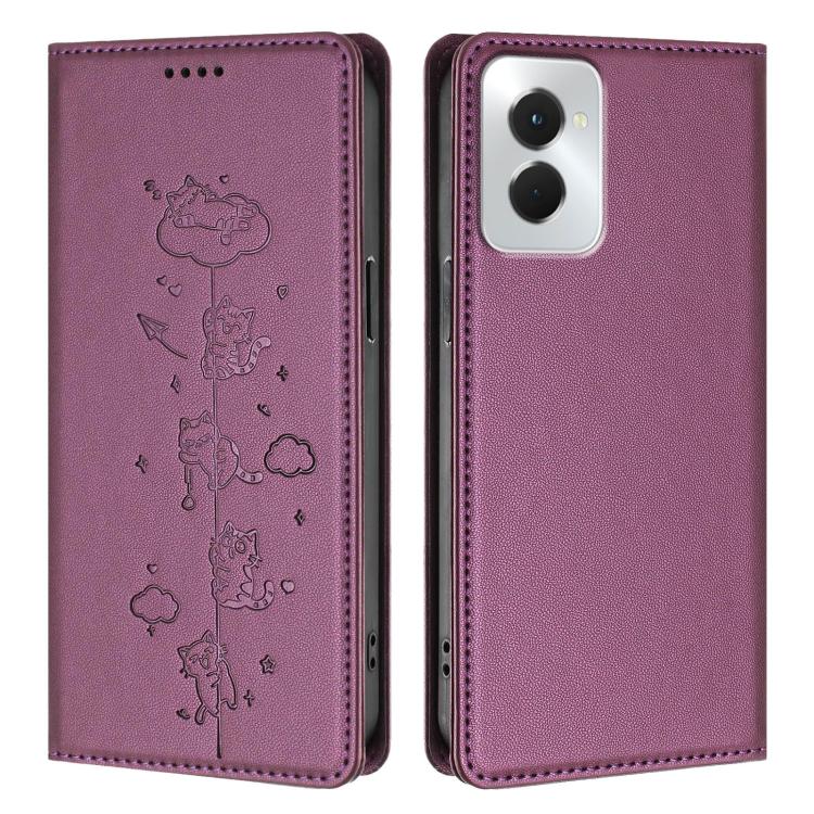 For OPPO Reno12 F 5G / 4G Cute Cats Embossed Magnetic RFID Vegan Leather Phone Case