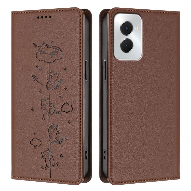 For OPPO Reno12 F 5G / 4G Cute Cats Embossed Magnetic RFID Vegan Leather Phone Case