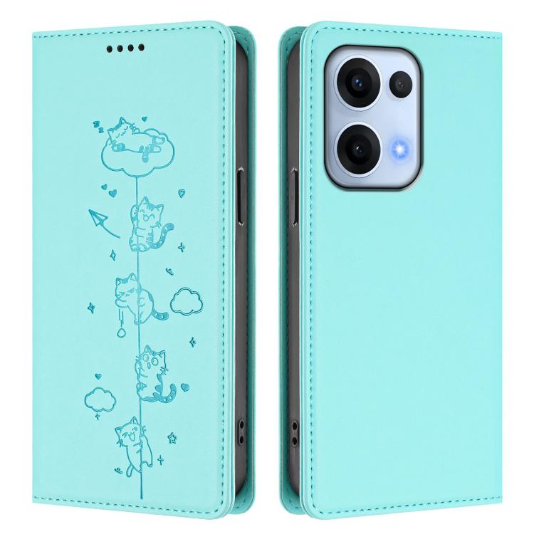 For OPPO Reno13 5G Global Cute Cats Embossed Magnetic RFID Vegan Leather Phone Case