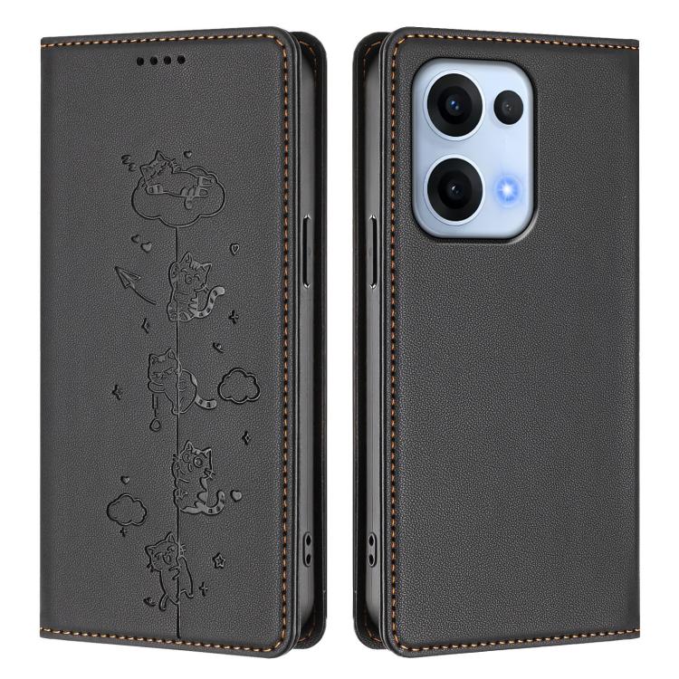 For OPPO Reno13 5G Global Cute Cats Embossed Magnetic RFID Vegan Leather Phone Case