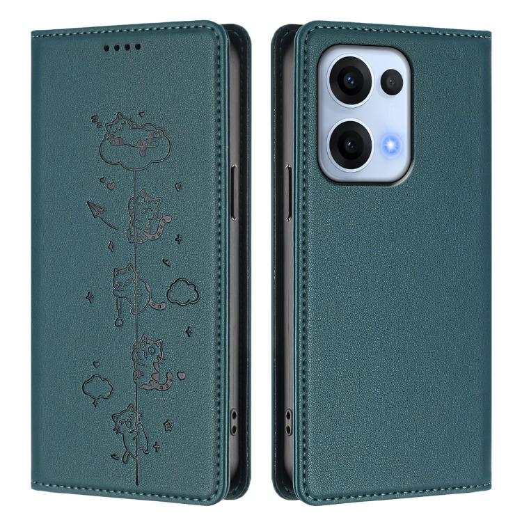 For OPPO Reno13 5G Global Cute Cats Embossed Magnetic RFID Vegan Leather Phone Case