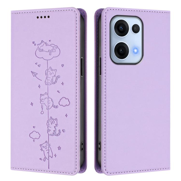 For OPPO Reno13 5G Global Cute Cats Embossed Magnetic RFID Vegan Leather Phone Case