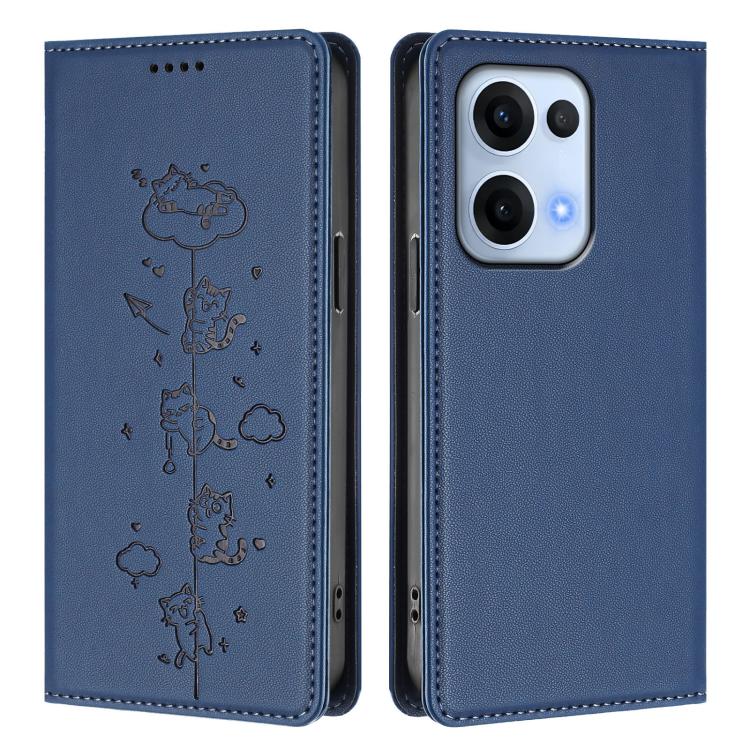 For OPPO Reno13 5G Global Cute Cats Embossed Magnetic RFID Vegan Leather Phone Case