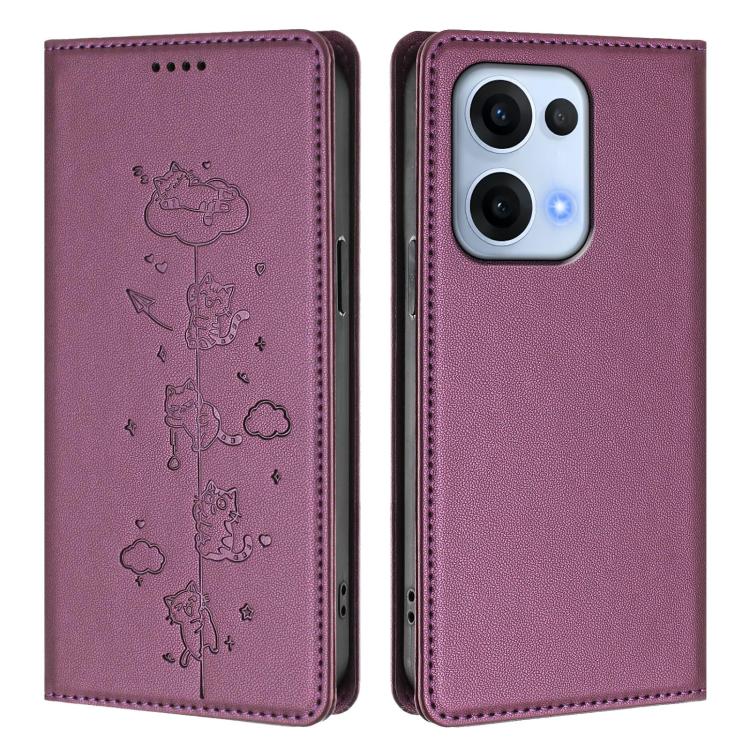 For OPPO Reno13 5G Global Cute Cats Embossed Magnetic RFID Vegan Leather Phone Case